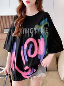 StyleCast x Revolte  Typography Printed Drop-Shoulder Oversized Longline Cotton T-shirt