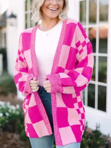 StyleCast Women Checked Shawl Collar Long Sleeves Sweater