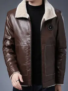 StyleCast x Revolte Men Spread Collar Solid PU Casual Windcheater Jacket