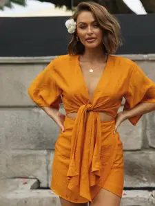 StyleCast Orange Flared Sleeve Cotton Fit & Flare Dress