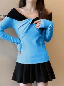 StyleCast Women Colourblocked Off-Shoulder Long Sleeves Pullover Sweaters