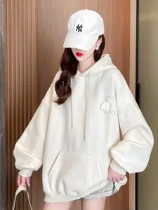 StyleCast Beige Hooded Drop-Shoulder Sleeves Longline Sweatshirt