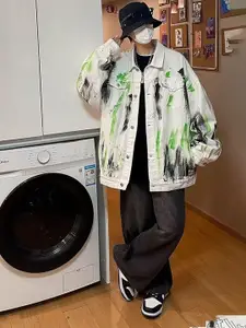 StyleCast x Revolte Men Spread Collar Abstract Printed Casual Denim Jacket