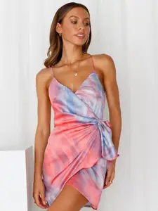StyleCast x Revolte Pink Tie and Dye Shoulder Straps Tie-Ups Detail Wrap Dress