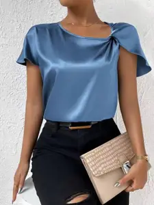 StyleCast Women Solid Blue Sweetheart Neck Satin Top