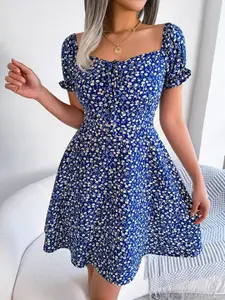 StyleCast x Revolte Floral Printed Sweetheart Neck Puff Sleeves Fit & Flare Mini Dress