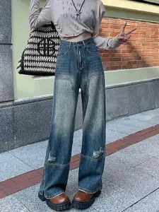 StyleCast Women Wide Leg High-Rise Low Distress Light Fade Denim Jeans