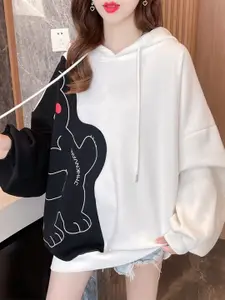 StyleCast White Colourblocked Hooded Drop-Shoulder Sleeves Longline Sweatshirt