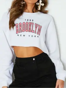 StyleCast x Revolte Women Typography Printed Round Neck Crop Sweatshirt