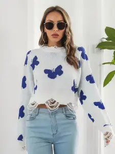 StyleCast Women White & Blue Crop Pullover