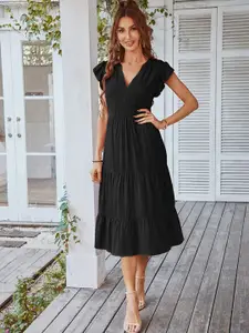 StyleCast Women Solid Flutter Sleeve A-Line Midi Dress