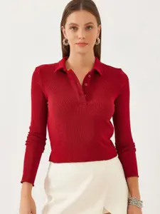 BIANCO LUCCI Women Ribbed Shirt Collar Fitted Top