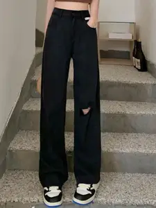 StyleCast Women Straight Fit High-Rise Slash Knee Denim Jeans