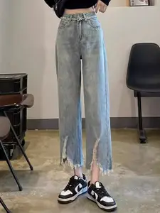 StyleCast Women Straight Fit High-Rise Mildly Distressed Light Fade Jeans