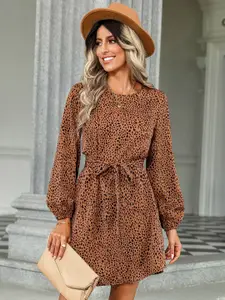 StyleCast Brown & Black Animal Printed A-Line Mini Dress