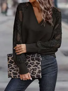 StyleCast Women Self Design V-neck Cuffed Long Sleeves Top