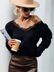 StyleCast Black V-Neck Lace Inserts Pullover