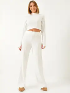 BIANCO LUCCI High-Neck Pure Cotton Crop Top With Trousers Co-Ords