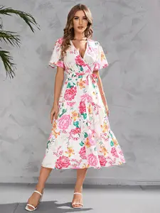 StyleCast x Revolte Floral Printed Flared Sleeve Gathered & Tiered Midi Wrap Dress