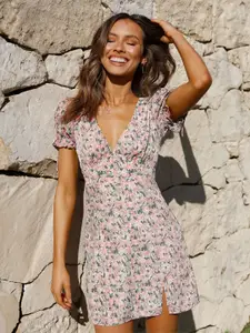 StyleCast White Floral Printed Puff Sleeves A-Line Mini Dress