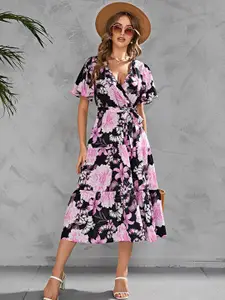 StyleCast x Revolte V Neck Short Flared Sleeves Floral Print Wrap Midi Dress