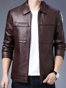 StyleCast x Revolte Men Spread Collar Solid PU Casual Windcheater Jacket