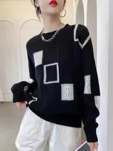 StyleCast Women Open Knit Self Design Winter Pullover with Embroidered Detail