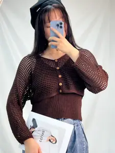 StyleCast Women Self Design V - Neck Long Sleeves Crop Sweater