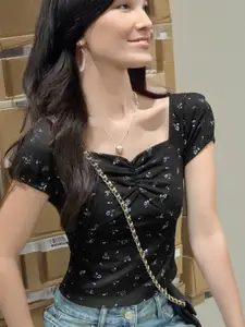 StyleCast Print Sweetheart Neck Cotton Top