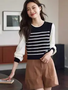 KPOP Women Round Neck Striped Sweaters