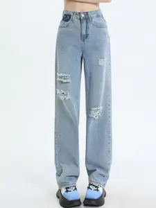 StyleCast Women Relaxed Fit High-Rise Mildly Distressed Jeans