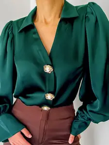 StyleCast Green Cuffed Sleeves Satin Shirt Style Top