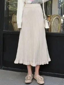KPOP Cream Ribbed A-Line Midi Skirt with Flared Hem