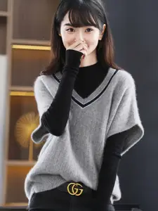 StyleCast Women Striped Longline Sweater Vest with Fuzzy Detail