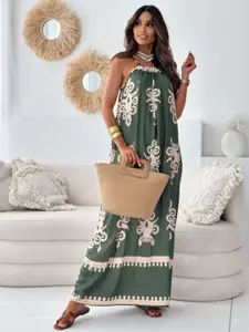 StyleCast Ethnic Motifs Tie-Up Neck A-Line Maxi Dress