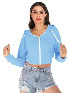 StyleCast Women Solid Hooded Crop Sweatshirt