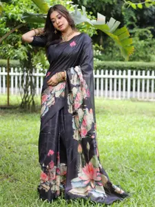 Anouk Women Black Floral Printed Silk Blend Tussar Saree