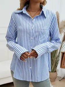 StyleCast x Revolte Women Relaxed Fit Spread Collar Vertical Striped Casual Shirt