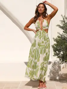 StyleCast Green Tropical Printed Cut-Outs Detail Maxi Dress