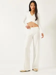 BIANCO LUCCI Ribbed V-Neck Crop Top & Trousers Co-Ords
