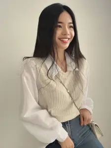 StyleCast Women Striped Lapel Collar Woollen Sweater Vest