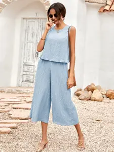 StyleCast Blue Self Design Sleeveless Top & Trousers