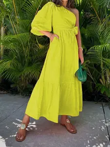 StyleCast x Revolte Yellow One Shoulder Neck Linen Maxi Dress