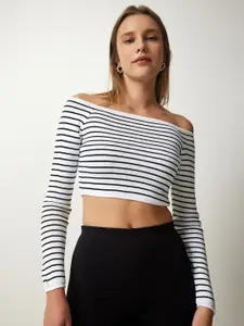 Happiness istanbul Striped Monochrome Off-Shoulder Bardot Crop Top