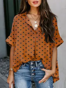 StyleCast Women Oversized Fit Cuban Collar Polka Dots Printed Chiffon Casual Shirt