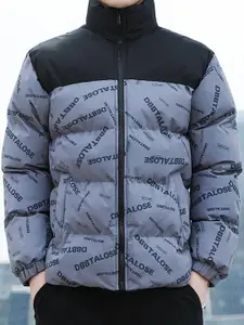 StyleCast x Revolte Men Typography Print Mock Collar Puffer Jacket