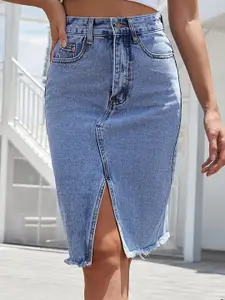 StyleCast Blue Knee Length Pure Cotton Pencil Skirt