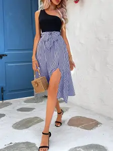 StyleCast Blue One Shoulder Striped Sheath Midi Dress