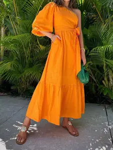 StyleCast x Revolte One Shoulder Puff Sleeve Linen Maxi Dress