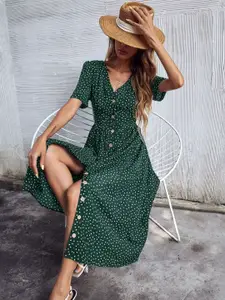 StyleCast Green V-Neck Puff Sleeves Print Maxi Dress